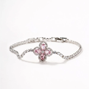 Detail showing pink zircon flower bracelet dimensions with lobster clasp and extension chain