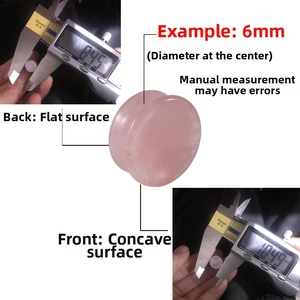 Detail of rose quartz double flared ear plug with concave surface and manual measurement