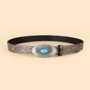 Vintage brown embossed leather belt with silver floral buckle and turquoise stone