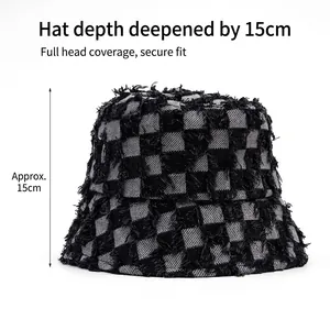 Black and white checkered bucket hat with raw edges and 15cm deep crown for women