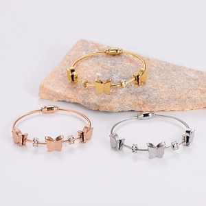 Three-color magnetic stainless steel wire bracelet with butterfly and zircon accents