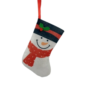 Hanging mini Christmas stocking featuring a snowman face and red polka dot scarf decoration