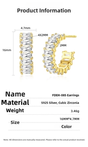Detailed size specifications for S925 sterling silver C-shaped cubic zirconia earrings
