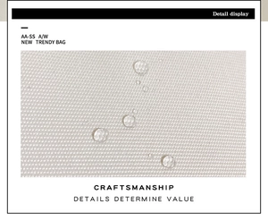 Macro view of water-resistant fabric with clear water droplets on white crossbody bag