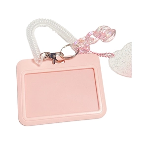 Pink heart gradient glitter card holder with a spiral spring cord and heart pendant