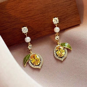 Elegant lemon-shaped earrings with yellow gemstones, pearls and green enamel leaves