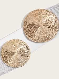 White elastic waist belt with textured gold circular metal buckles for women's dresses
