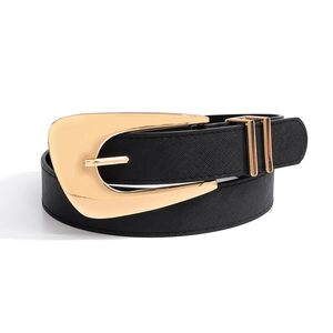 Women's black woven belt with oversized gold metal buckle for summer fashion style