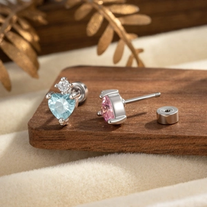 Exquisite pink and blue heart zircon screw back cartilage earrings in polished silver