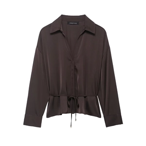 Women Satin Blouse Long Sleeve Button Down Shirt Satin Texture Drawstring Waist Elegant Solid Color Fashion Top