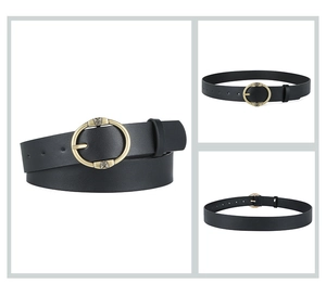 Detail of black PU leather belt with gold oval buckle and butterfly charm decoration