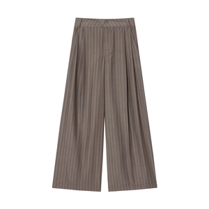 Pantalon rayé marron foncé à jambes larges avec taille haute et fines rayures blanches