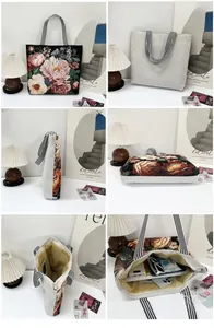 Detailed views of ethnic floral tote bag showing spacious interior and striped handles