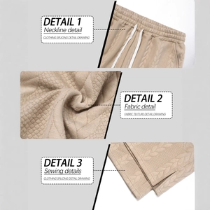 Beige Strick-Shorts mit Zopfmustern und Kordelzug in einer dreiteiligen Detailansicht