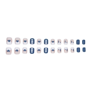Blue and white heart press-on nails with 24-piece full set for students and women