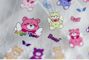 Close-up of Angel Bear nail art stickers featuring colorful bears and bows patterns