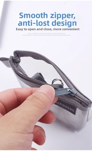 Detail of a smooth grey mesh pouch zipper being opened showing the durable metal slide