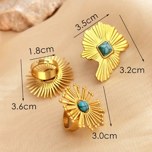 Adjustable gold plated stainless steel turquoise rings and pendant with sunburst texture