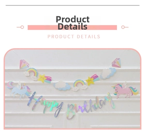 Close-up of laser finish Happy Birthday banner with unicorn and rainbow party ornaments