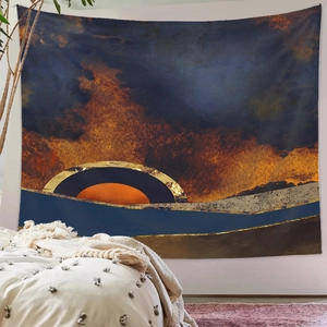 Detail of abstract landscape tapestry with blue and gold watercolor mountain design
