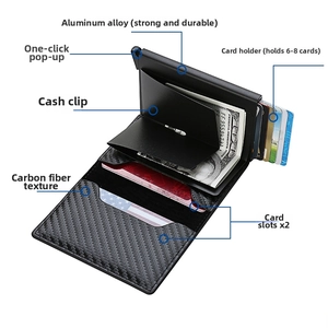 Detail of RFID carbon fiber wallet showing interior cash clip and card pop-up mechanism