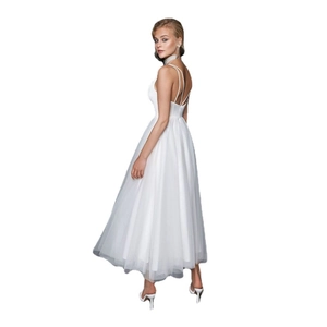 Elegant white mid-length tulle wedding dress with thin straps and open back design