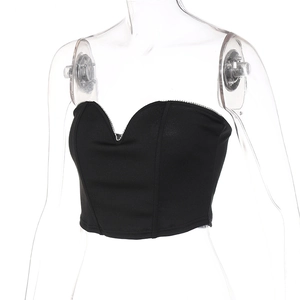 Detail of silver rhinestone trim on a black V-neck slim-fit cropped corset top