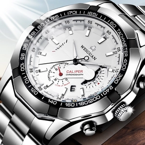 Detail view of steel chronograph watch with white dial and black tachymeter scale