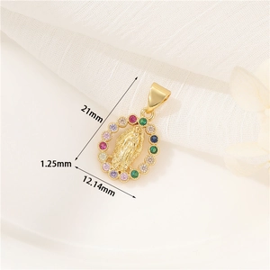 Detailed view of 14K gold plated Virgin Mary pendant with colorful zircon settings and sizes