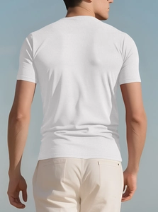 Back view of men's white stretch sports T-shirt showing fine knit texture and fit
