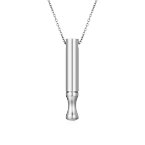 Silver mindfulness breathing necklace with adjustable cylindrical whistle pendant on white background
