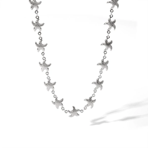 Detailed view of silver titanium steel necklace featuring multiple interconnected starfish charms