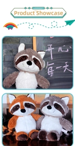 Close-up of fluffy raccoon plush toys in grey and orange with striped tails