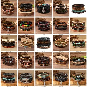 Bohemian Wood Bead Bracelet Alloy Charm Butterfly Tree Of Life Vintage Ethnic Layered Elastic Handmade Wristband
