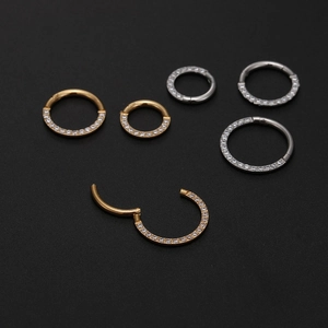 Zirconia-set stainless steel clicker rings for nose and cartilage in gold and silver