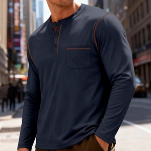 Men's navy long sleeve Henley shirt with contrast stitching and chest pocket detail
