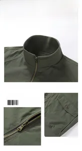 Detailed close-up of dark green military flight jacket with stand collar and metal zipper