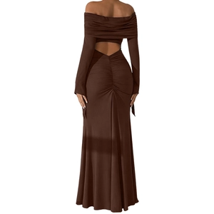 Brown off-shoulder maternity maxi dress with slim fit ruched back design
