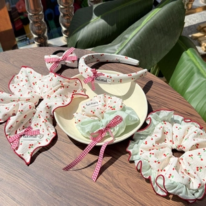 Cherry Print Bowknot Hair Scrunchie Headband Sweet Floral Grid Fabric Hair Accessories For Women Girls