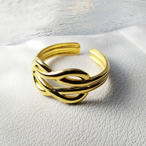 Fashionable golden titanium steel open ring with a unique double line knot woven design