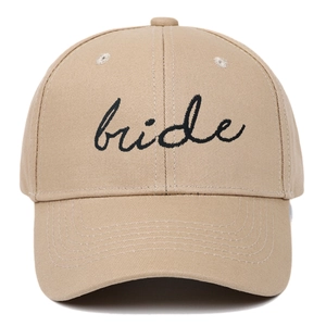 Classic beige cotton baseball cap with black bride embroidery in a six-panel structured design