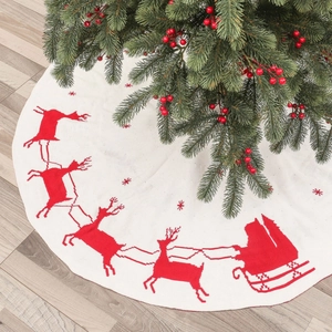 Jupe de sapin de Noël tricotée blanche avec motifs de rennes rouges et flocons de neige