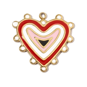 Macro detail of heart-shaped stainless steel charms with colorful enamel and multi-hole loops