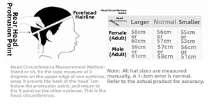 Guide des tailles montrant les mesures du tour de tête pour casquettes en denim
