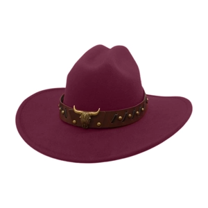 Detail of burgundy jazz hat with leather band and golden bull head metal emblem