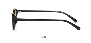 Side view of trendy oval sunglasses with black frames and vintage yellow lenses