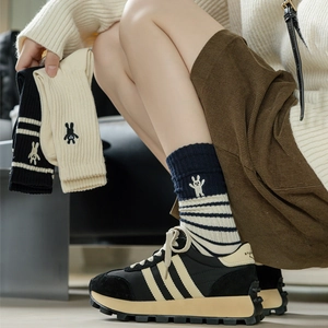 Women's cotton crew socks with stripe pattern and cute rabbit embroidery in three colors
