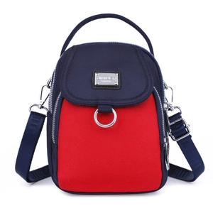 Multi-compartment blue and red oxford fabric crossbody bag with adjustable shoulder strap
