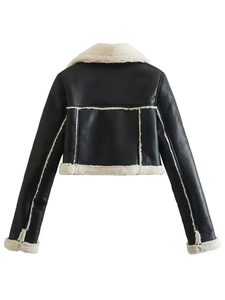 Back view of black faux leather jacket with white faux fur lining and trim details