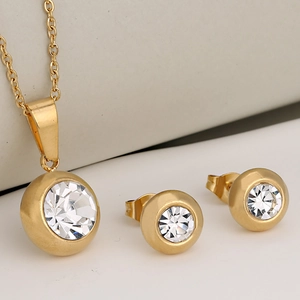 Stainless Steel Round Rhinestone Birthstone Pendant Necklace And Stud Earrings Jewelry For Women Simple Elegant Luxury